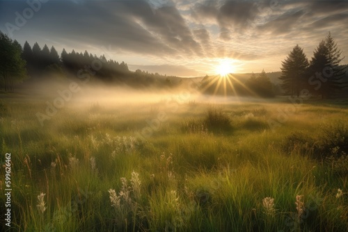 cloudy sunrise above misty meadow, with rays of sunlight filtering through the clouds, created with generative ai