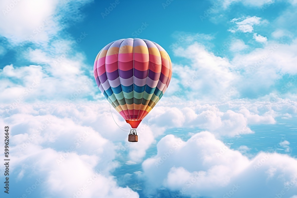 Naklejka premium Hot air balloon floating peacefully on top of white fluffly clouds. Generative AI.
