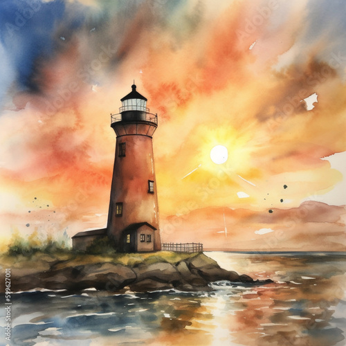 lighthouse landscape with watercolor, sea, shore