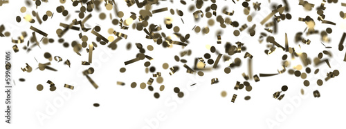 Golden confetti falling down isolated on transparent background.