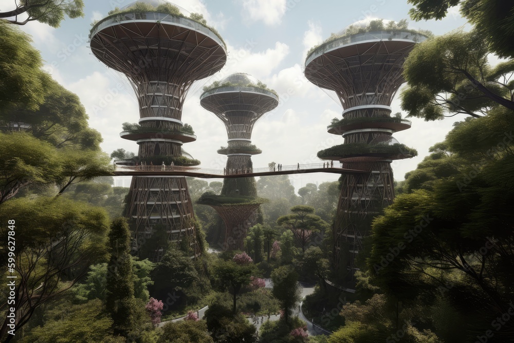 futuristic park, filled with towering trees and futuristic structures, created with generative ai futuristic park, filled with towering trees and futuristic structures, created with generative ai