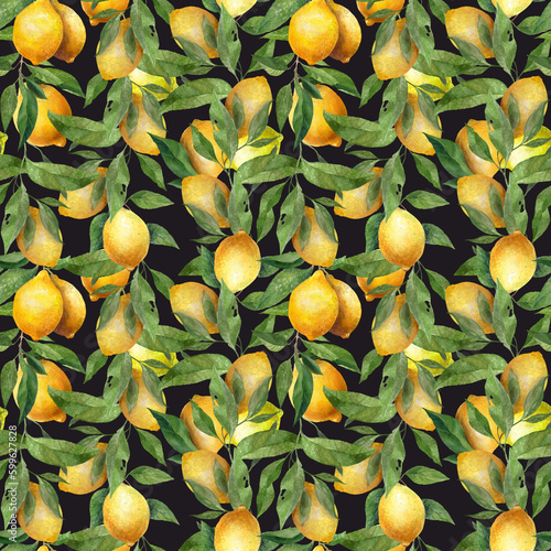 Bright yellow watercolor lemons and green leaves seamless pattern on black background. Botanical illustration