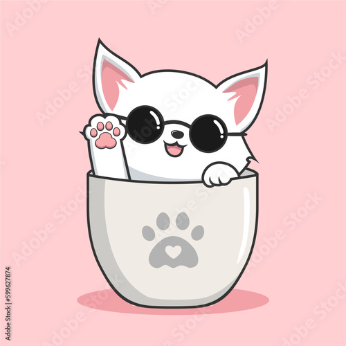 Cat in Mug with Round Glasses - Cute White Pussy Cat in Cups Mug Illustration