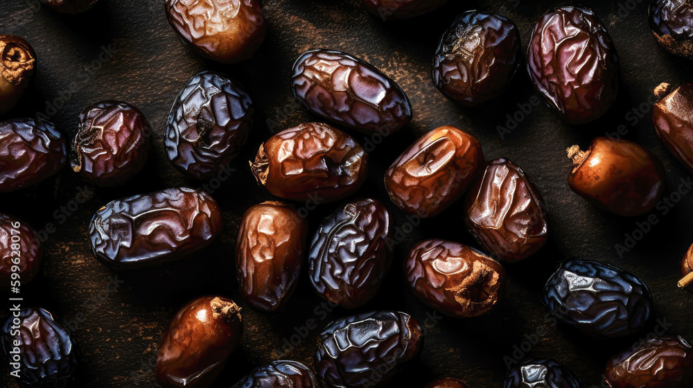 Top view of dry dates on dark background, top view. Ai generated Top view of dry dates on dark background, top view. Ai generated