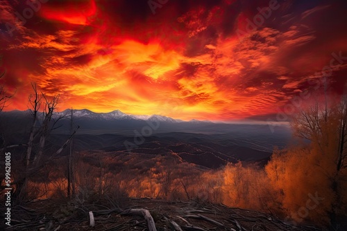 majestic mountain range surrounded by fiery sunsets, with clouds and trees in the foreground, created with generative ai
