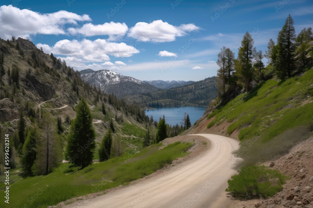 detour on winding mountain road, leading to hidden valley with crystal-clear lake, created with generative ai
