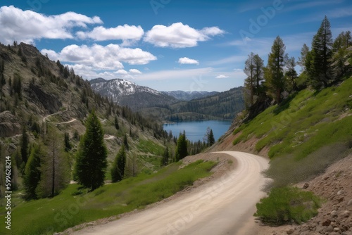 detour on winding mountain road, leading to hidden valley with crystal-clear lake, created with generative ai