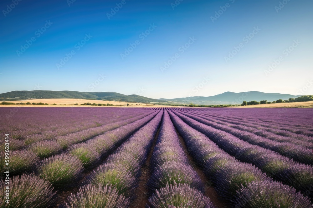 lavender field with rolling hills and clear blue sky, created with generative ai lavender field with rolling hills and clear blue sky, created with generative ai