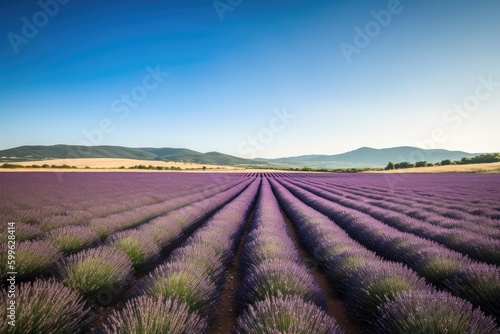 lavender field with rolling hills and clear blue sky, created with generative ai