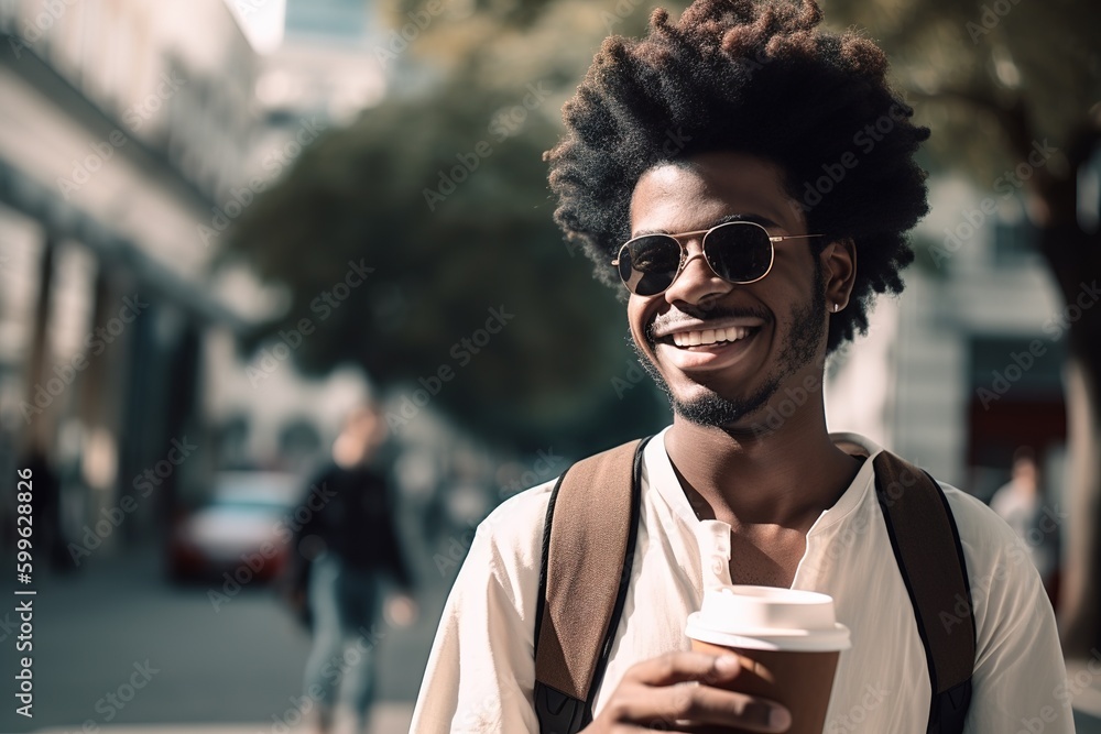 Casual portrait of young African American man walking in a city street with coffee in hand and smiling. Generative AI Casual portrait of young African American man walking in a city street with coffee in hand and smiling. Generative AI