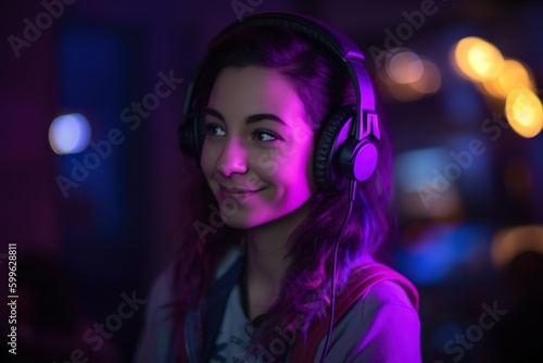 Teenage girl wearing headphones in gaming room. Neon lights as background. Generative AI