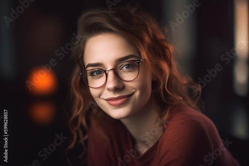 Young Caucasian woman with eye glasses portrait looking at camera and smiling. Generative AI