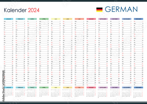 Planner calendar for 2024. Wall organizer, yearly template. One page. Set of 12 months. German