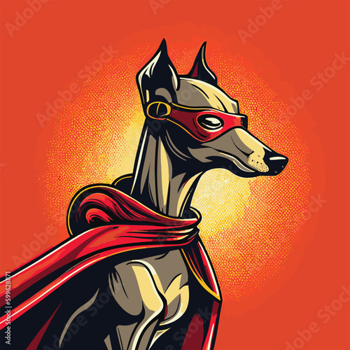 A greyhound wearing superhero cape and mask
