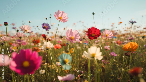 cosmos flowers fields on spring and summer season  with colorful wild flower and natural sunlight background scene