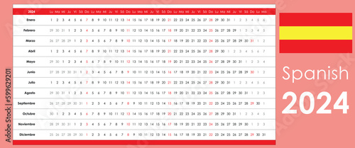 Linear calendar 2024. Horizontal grid with selected sundays. Yearly calendar organizer, planner. Spanish and simple template.
