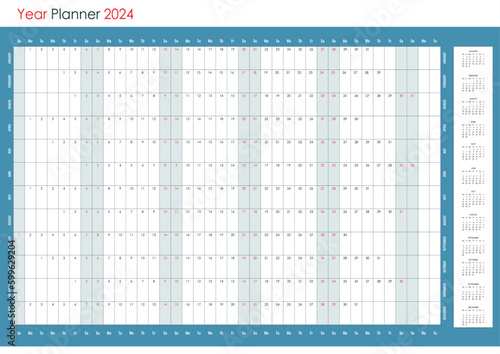 Planner calendar for 2024. Wall organizer, yearly template. One page. Set of 12 months. English photo