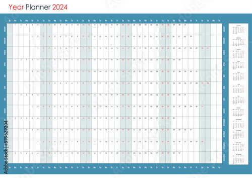 Planner calendar for 2024. Wall organizer, yearly template. One page. Set of 12 months. English