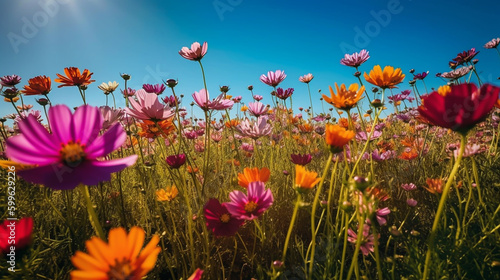 cosmos flowers fields on spring and summer season, with colorful wild flower and natural sunlight background scene © IMAGINIST