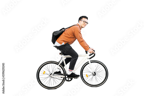 A young man riding a bicycle to work with a briefcase. Transparent background, png.