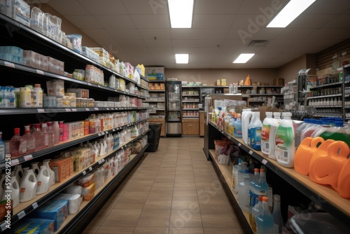 cleaning supplies aisle in grocery store, with bottles of cleaner, paper towels, and other essentials nearby, created with generative ai