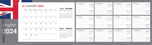 Calendar template 2024. Yearly planner organizer for every day. Week starts on Monday. 