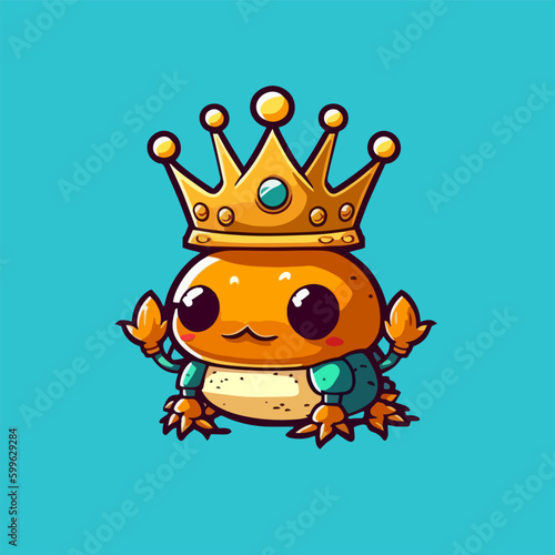 A crab wearing a crown, a cute mascot for an animal with two worlds, with a flat cartoon design. Suitable for book design, cards, presentations © mafxblue