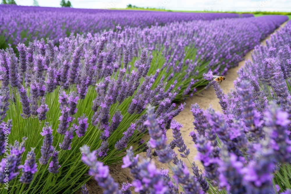 Naklejka premium lavender field in full bloom, with bees buzzing among the flowers, created with generative ai