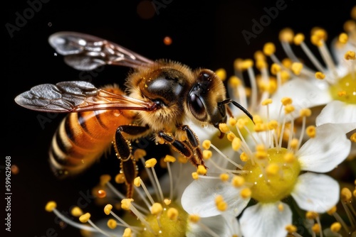 close-up of bee landing on flower, with visible pollen grains, created with generative ai © Alfazet Chronicles