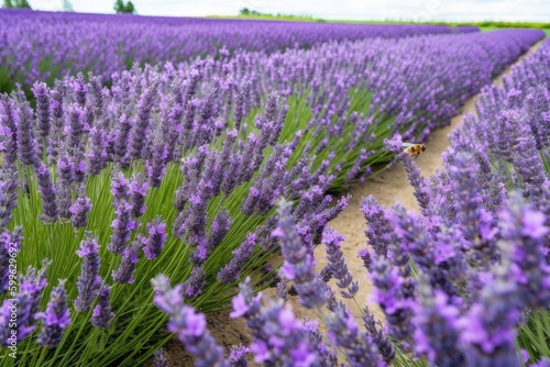 lavender field in full bloom  with bees buzzing among the flowers  created with generative ai