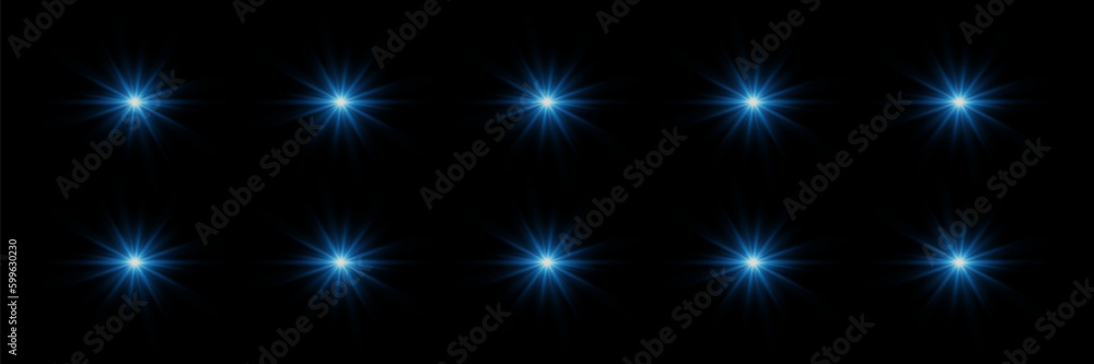 A set of flashes, lights and sparkles on a black background. Bright blue flashes and glare. Abstract blue isolated lights Bright rays of light. Glowing lines.