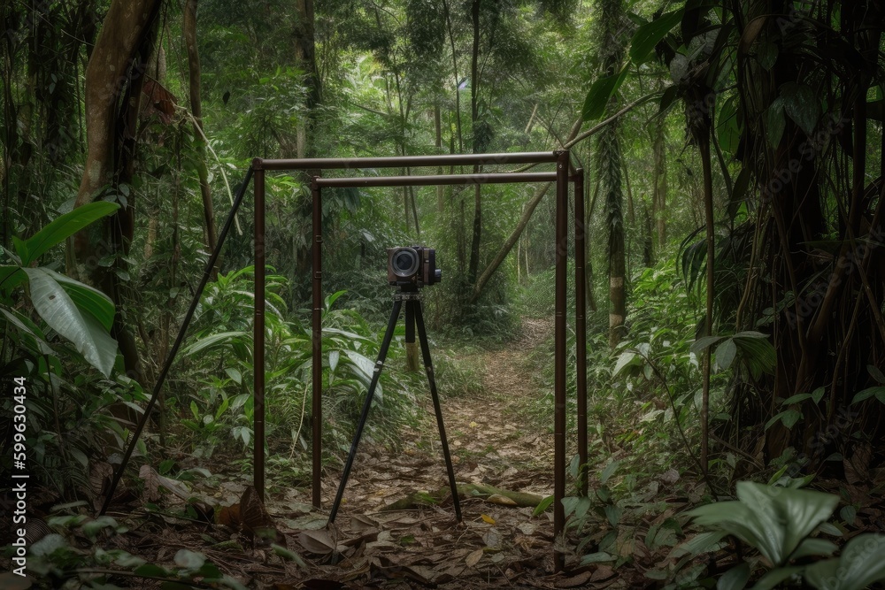 metal detector frame in the middle of dense jungle, with wildlife in the background, created with generative ai metal detector frame in the middle of dense jungle, with wildlife in the background, created with generative ai