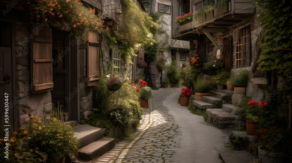 A charming and quaint village street lined with colorful blooming flowers, rustic buildings, and cobbled stone pathways, evoking a sense of warmth and nostalgia