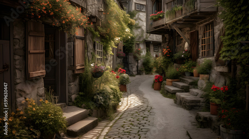 A charming and quaint village street lined with colorful blooming flowers, rustic buildings, and cobbled stone pathways, evoking a sense of warmth and nostalgia © VirtualCreatures