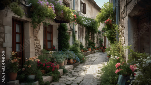 A charming and quaint village street lined with colorful blooming flowers  rustic buildings  and cobbled stone pathways  evoking a sense of warmth and nostalgia