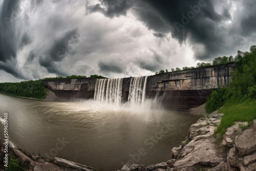 dramatic waterfall against a stormy sky with thunder and lightning, created with generative ai