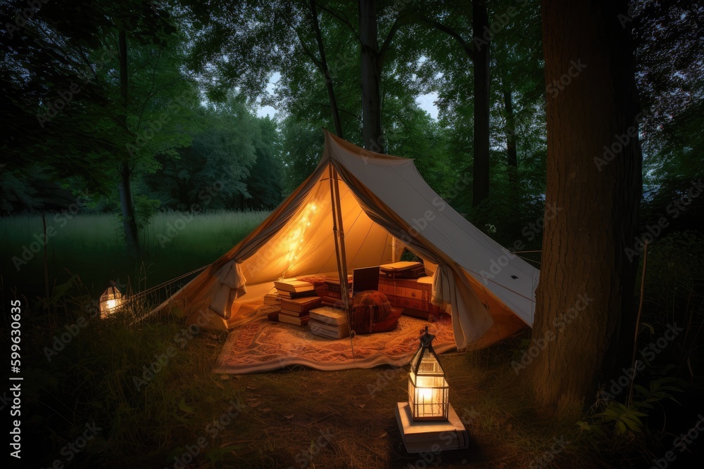 tent with lantern and book in the evening, surrounded by trees, created with generative ai tent with lantern and book in the evening, surrounded by trees, created with generative ai