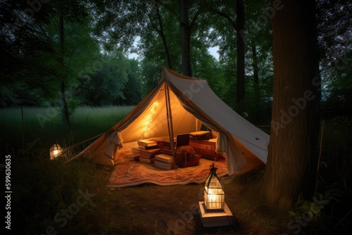 tent with lantern and book in the evening, surrounded by trees, created with generative ai © Alfazet Chronicles