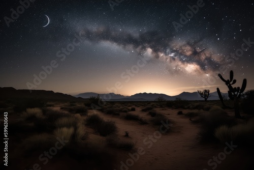 night sky filled with stars and a crescent moon over desert landscape, created with generative ai