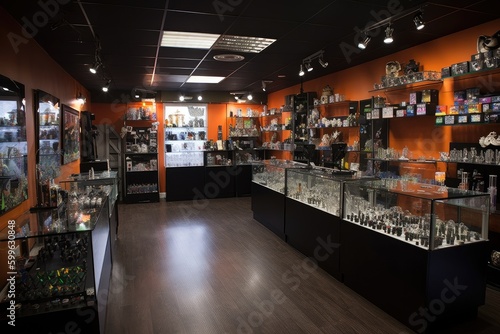 smoke shop, with a variety of vaporizers, pipes, and bongs on display, created with generative ai