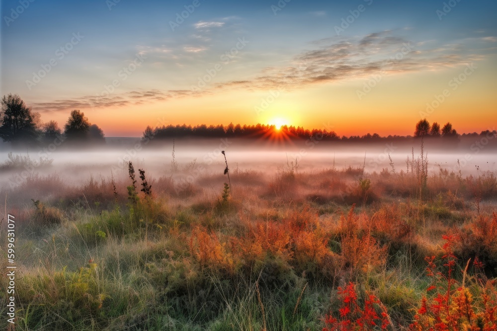 sunrise over misty meadow with colorful sunrise in the background, created with generative ai