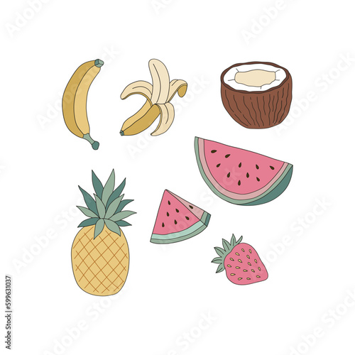 Pineapple, banana, watermelon, coconut, strawberry vector clip-art set isolated on white. Summer fruits illustration collection. Fruity groovy summer outline design element.