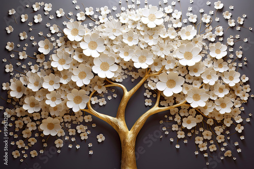 3d wallpaper floral tree background with white flower leaves and golden stem