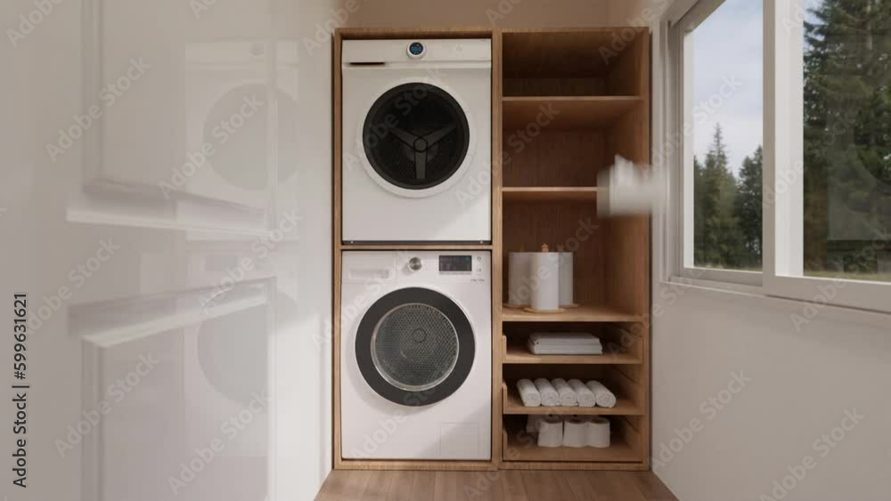 3D rendering laundry room on ground floor, washing machine, dryer, cabinet for towels, napkins, toilet paper, household chemicals, soap storage baskets. 3D rendering laundry room on ground floor, washing machine, dryer, cabinet for towels, napkins, toilet paper, household chemicals, soap storage baskets.