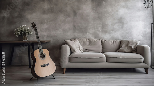 Minimalistic interior design concept. Acoustic guitar on grey textile sofa in spacious room of loft style apartment with wood textured laminated flooring. Close up. AI Generative