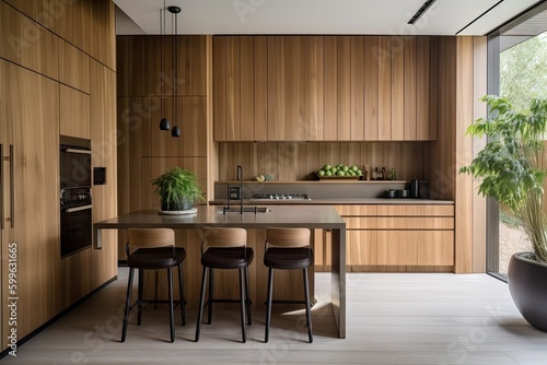 modern kitchen with sleek look and wood-paneled walls  created with generative ai