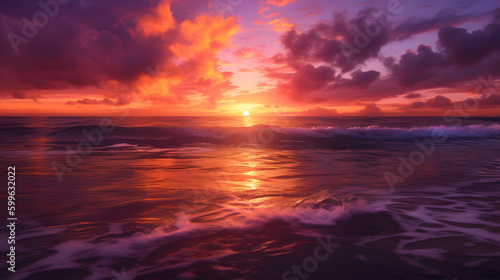 An enchanting sunset over the ocean with the sky ablaze in shades of orange, pink, and purple, reflecting in the calm waters below, creating a breathtaking and peaceful scene