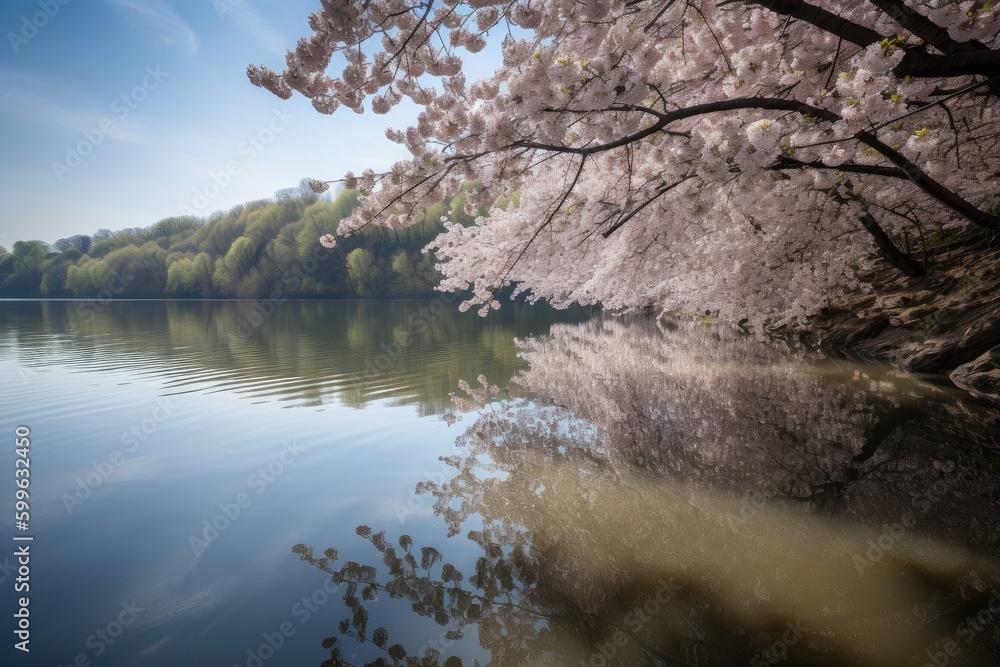 cherry blossom bloom on still lake, with reflection visible, created with generative ai cherry blossom bloom on still lake, with reflection visible, created with generative ai