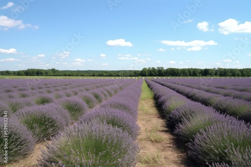 field of lavender in full bloom, with rows of blooms and clear blue sky, created with generative ai