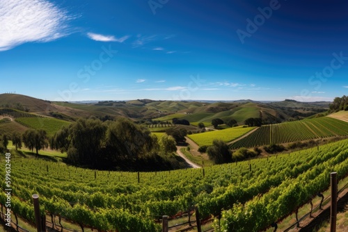 vineyard surrounded by rolling hills and blue skies  created with generative ai